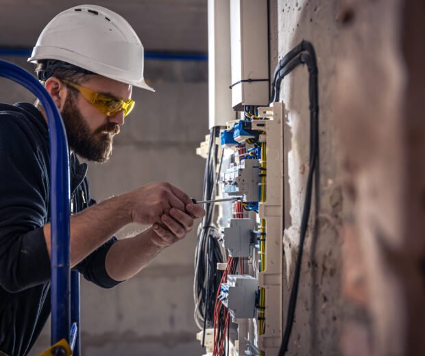 A male electrician works in a switchboard with an electrical connecting cable, connects the equipment with tools.